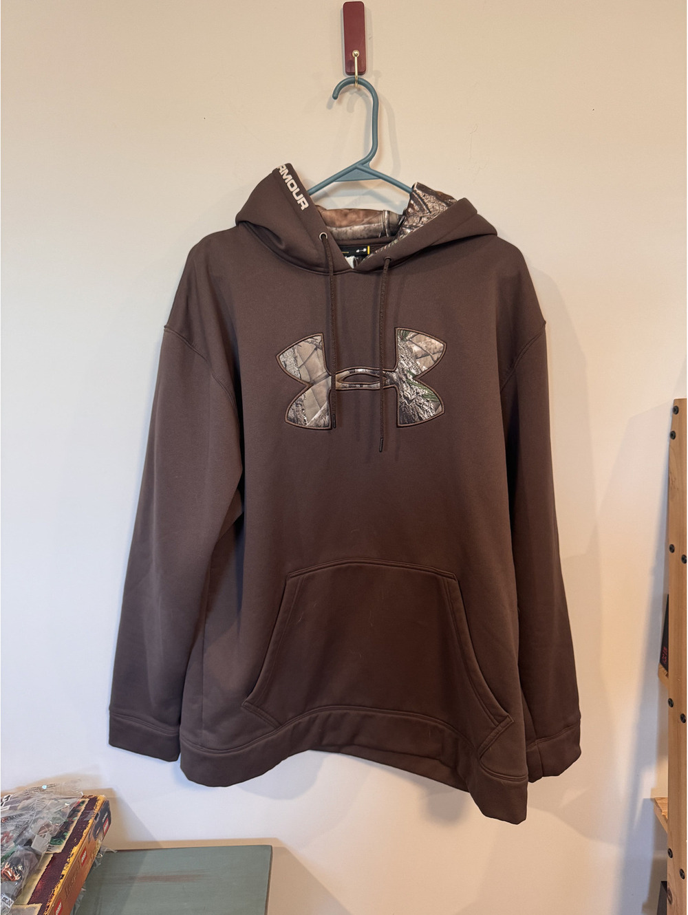 Under Armour Men Size L Loose Fleece Pullover Hoodie Brown Realtree Camo Logo